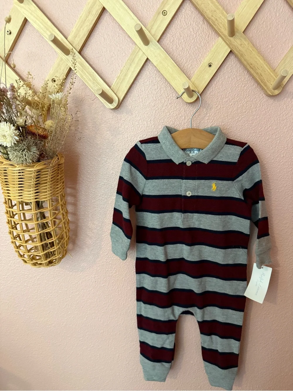NWT Ralph Lauren Baby Striped Polo One-Piece in Gray and Burgundy